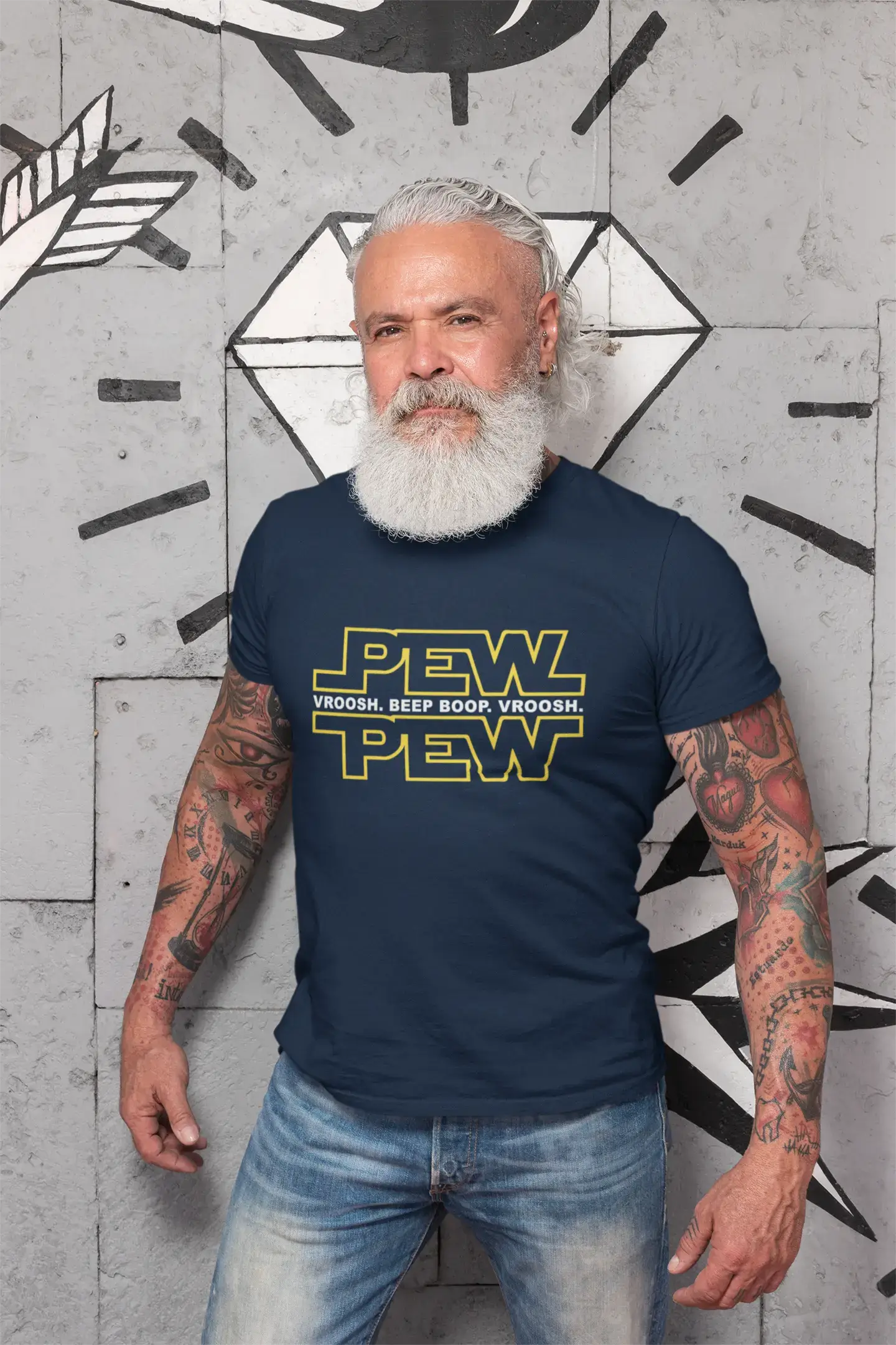 Graphic Men's Pew Pew T-Shirt Lemon Letter Print Tee Navy