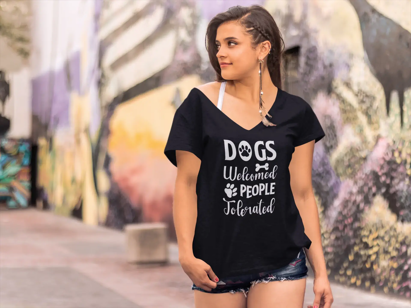 ULTRABASIC Women's T-Shirt Dogs Welcomed People Tolerated - Funny Short Sleeve Tee Shirt Tops