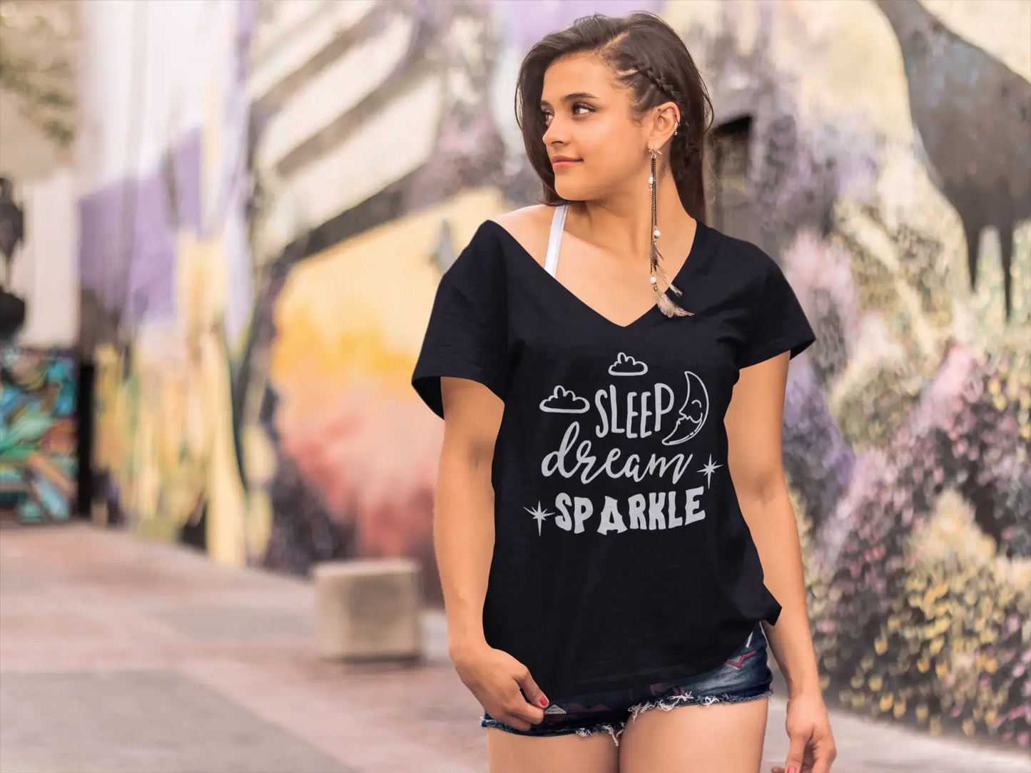ULTRABASIC Women's T-Shirt Sleep Dream Sparkle - Short Sleeve Tee Shirt Tops