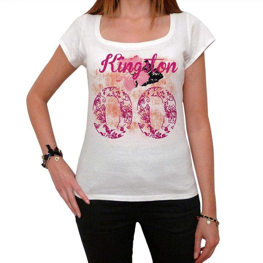 00, Kingston, City With Number, <span>Women's</span> <span>Short Sleeve</span> Round White T-shirt 00008 - ULTRABASIC