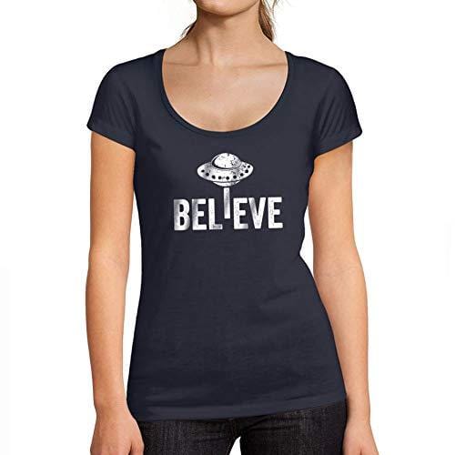 Ultrabasic - Tee-Shirt Femme col Rond Décolleté Believe UFO Alien French Marine