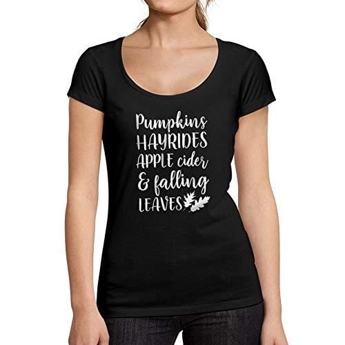 Ultrabasic - Tee-Shirt Femme col Rond Décolleté Pumpkins Hayrides Apple Cider and Falling Leaves Noir Profond