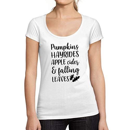 Ultrabasic - Tee-Shirt Femme col Rond Décolleté Pumpkins Hayrides Apple Cider and Falling Leaves Blanc