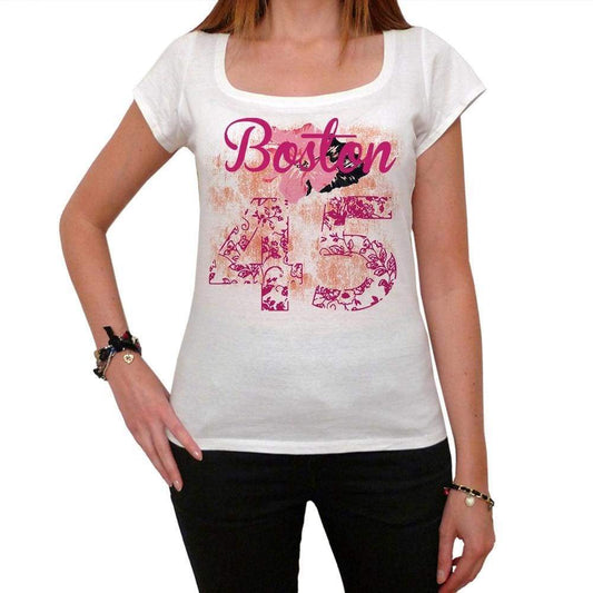 45 Boston City With Number Womens Short Sleeve Round White T-Shirt 00008 - White / Xs - Casual