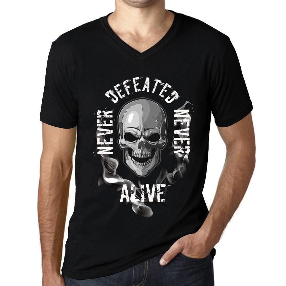 Men&rsquo;s Graphic V-Neck T-Shirt Never Defeated, Never ALIVE Deep Black - Ultrabasic