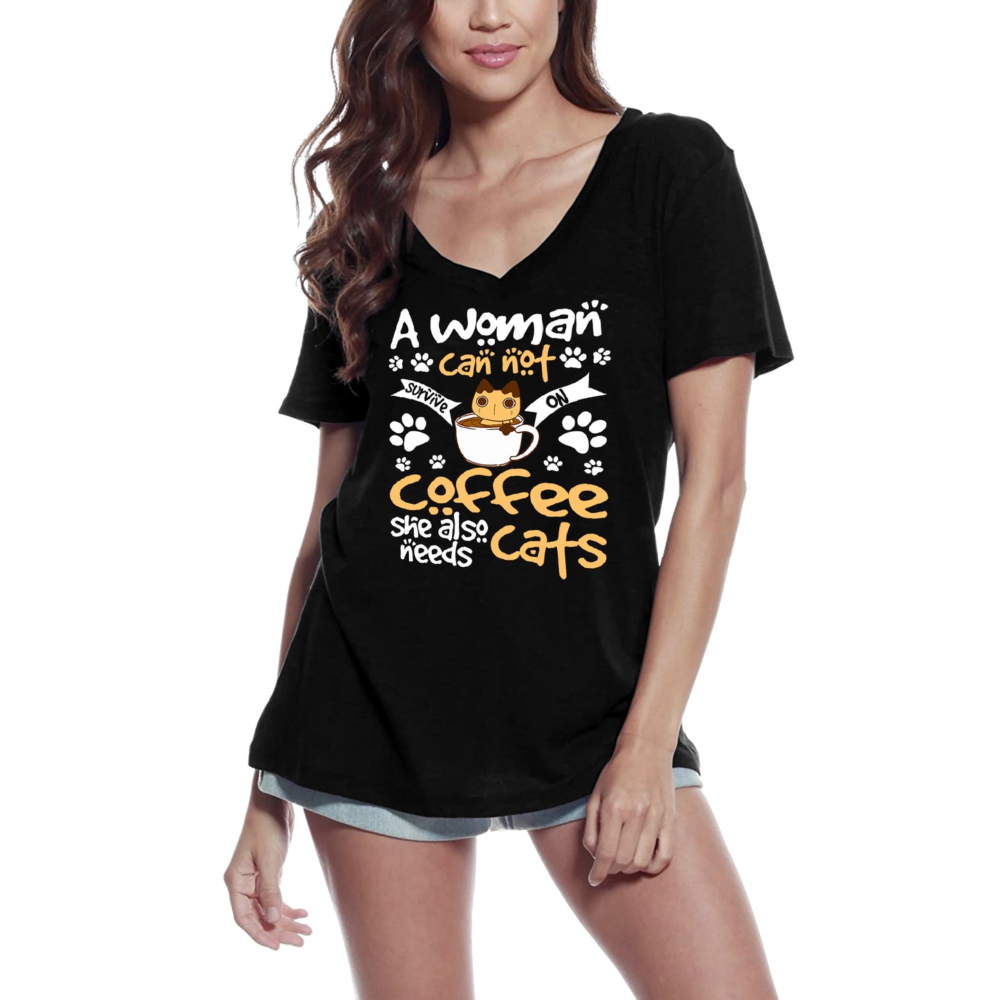 ULTRABASIC Women's T-Shirt A Woman Can Not Survive on Coffee Alone She Needs Cats - Funny Kitten Shirt for Cat Lovers