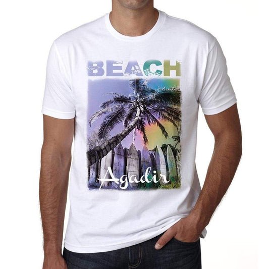 Agadir Beach Palm White Mens Short Sleeve Round Neck T-Shirt - White / S - Casual