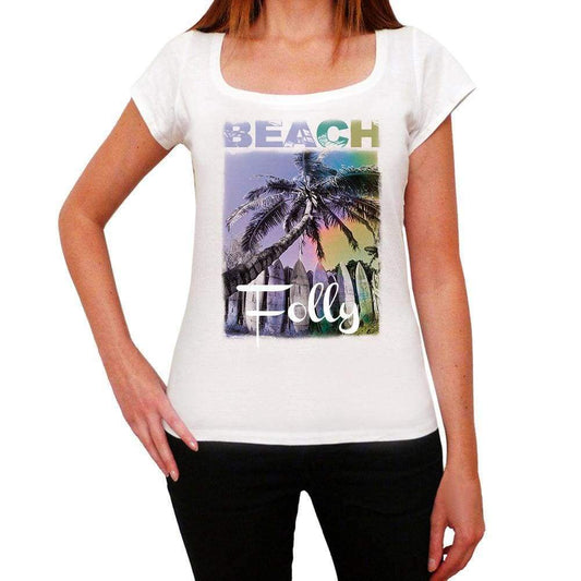 Folly Beach Name Palm White Womens Short Sleeve Round Neck T-Shirt 00287 - White / Xs - Casual