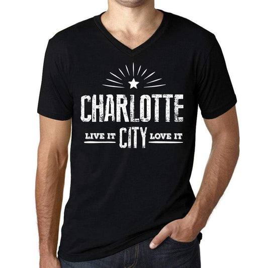 Mens Vintage Tee Shirt Graphic V-Neck T Shirt Live It Love It Charlotte Deep Black - Black / S / Cotton - T-Shirt