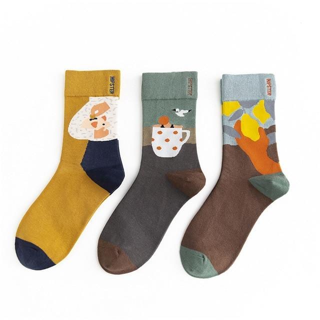 3 Pairs/lot Winter Retro Women Van Gogh Modern Oil Paint Cotton Mural World Famous Socks Art Abstract Happy Funny Women Socks