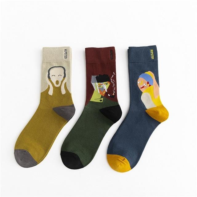 3 Pairs/lot Winter Retro Women Van Gogh Modern Oil Paint Cotton Mural World Famous Socks Art Abstract Happy Funny Women Socks