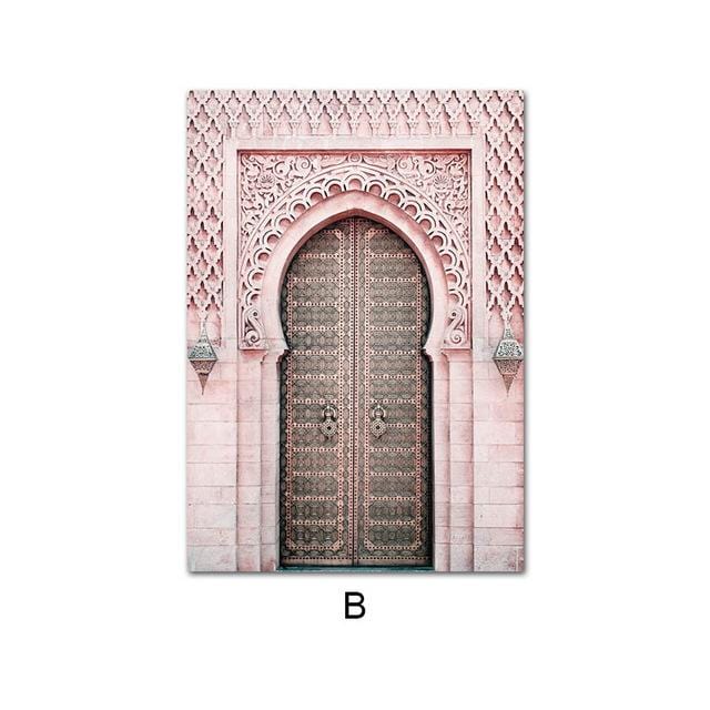 Allah Islamic Wall Art Canvas Poster Pink Flower Old Gate Muslim Print Nordic Decorative Picture Painting Modern Mosque Decor