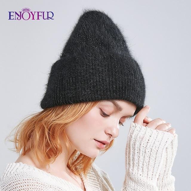 ENJOYFUR Winter hats for women warm long rabbit fur hair female caps fashion solid colors wide cuff young style beanies