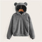 SHEIN Preppy Lovely With Bears Ears Solid Teddy Hoodie Pullovers Sweatshirt Autumn Women Campus Casual Sweatshirts